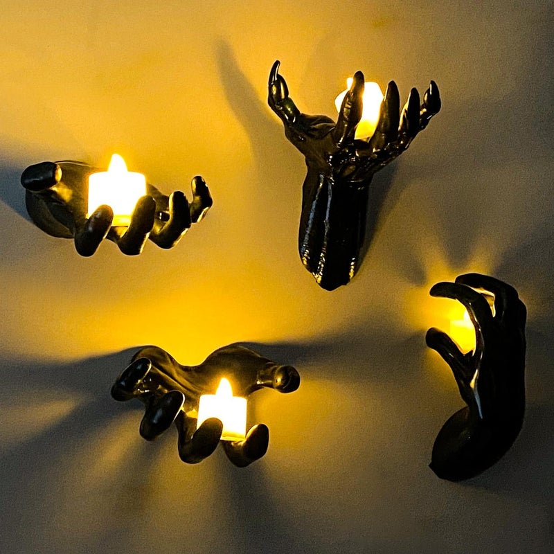 wxnlo Halloween Decor Indoor, 4 Packs Creepy Reaching Hands with LED Candles, Life-Sized Gothic Wall Decor for Horror, Spooky Halloween Decorations for Home, Party, Goth & Dark Academia Style - Image 1
